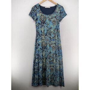 PERUVIAN CONNECTION Dress XS Paisley Midi Cap Sleeve Stretch Pima Cotton Blue